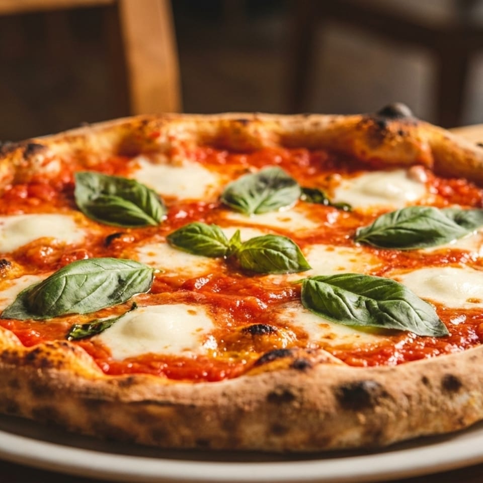 A freshly baked Neapolitan pizza with vibrant red sauce, melted mozzarella, and fresh basil leaves.