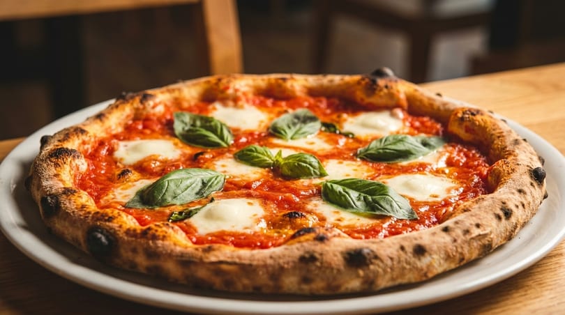 A freshly baked Neapolitan pizza with vibrant red sauce, melted mozzarella, and fresh basil leaves.