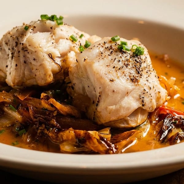 Two pieces of white fish with herbs and pepper, served in a rich orange sauce with vegetables.