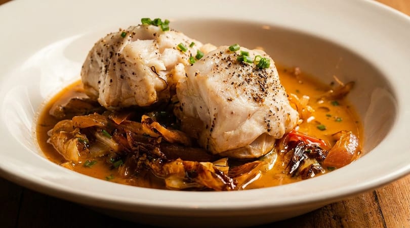 Two pieces of white fish with herbs and pepper, in a rich orange sauce with vegetables.
