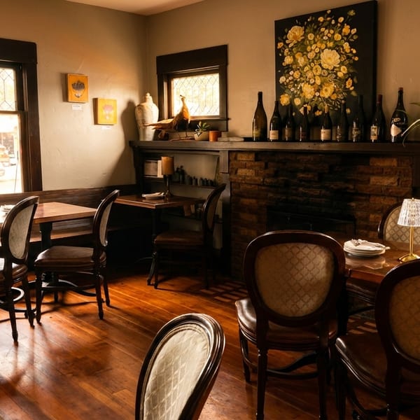 A cozy restaurant interior with wooden tables and chairs, a fireplace, and a large floral painting.