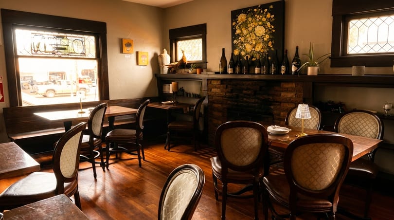 A cozy restaurant interior with wooden tables and chairs, a fireplace, and a large floral painting.