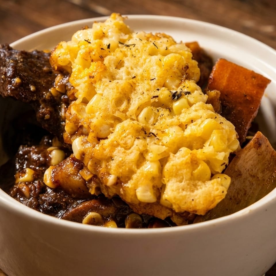 Hearty stew with dark meat, sweet potatoes, and a corn cobbler topping in a white bowl.