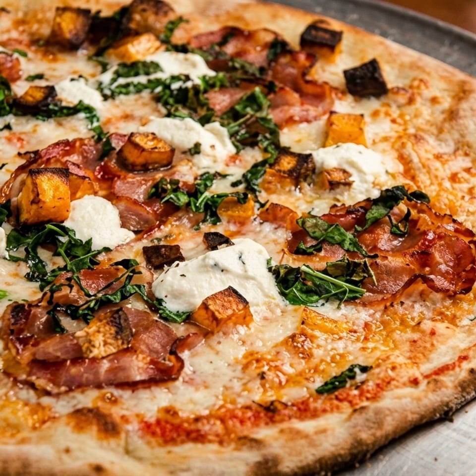 Close-up of a pizza with bacon, butternut squash, ricotta cheese, and greens on a metal tray.