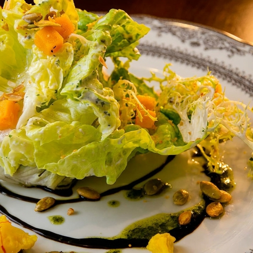 Gourmet salad with fresh greens, butternut squash, pumpkin seeds, and balsamic glaze on a decorative plate.