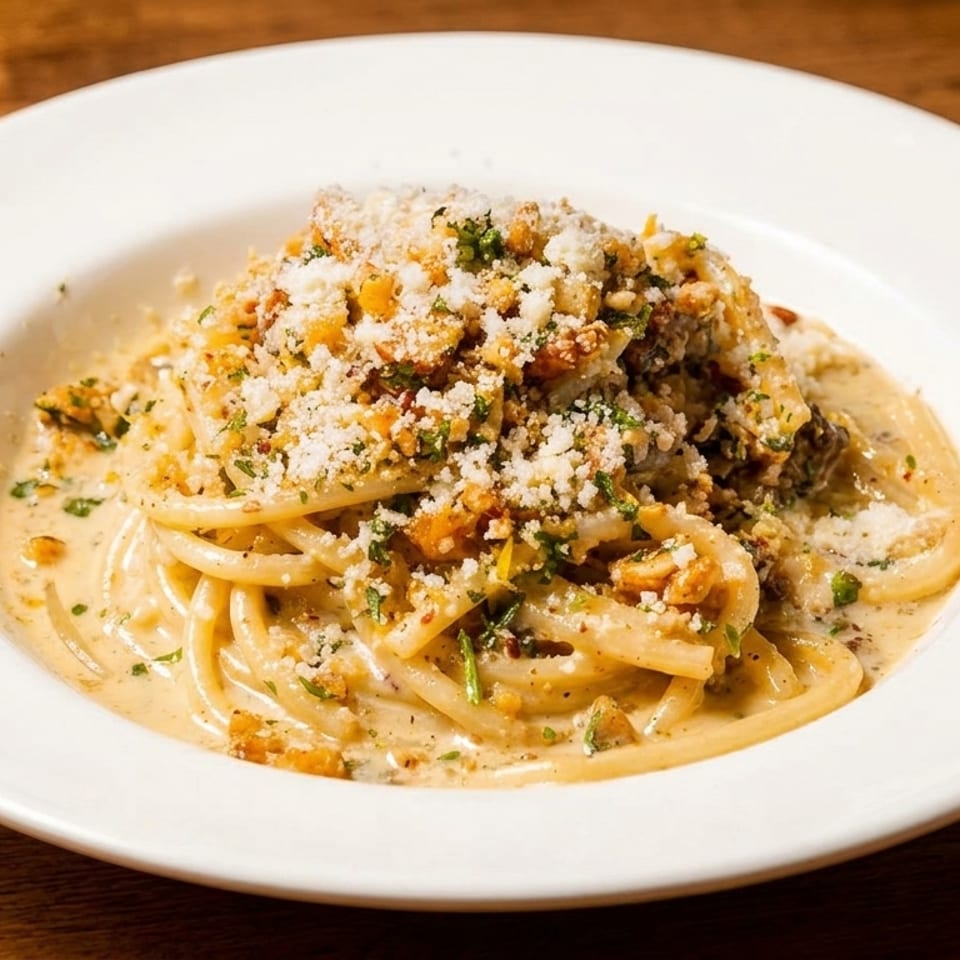 Spaghetti with creamy sauce, topped with breadcrumbs, cheese, and herbs in a white bowl.