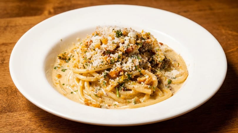 Spaghetti with creamy sauce, topped with breadcrumbs, cheese, and herbs in a white bowl.