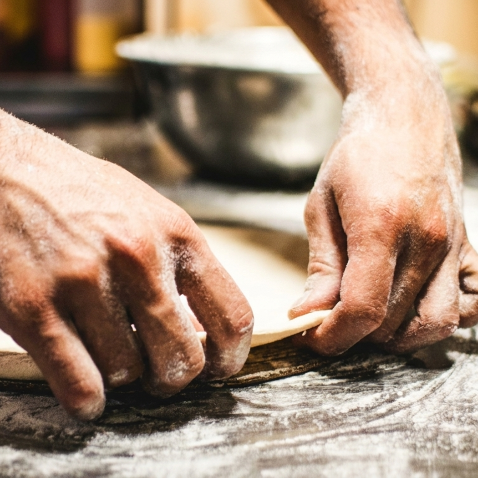Hands covered in flour, shaping pizza dough on a dark, floured surface.